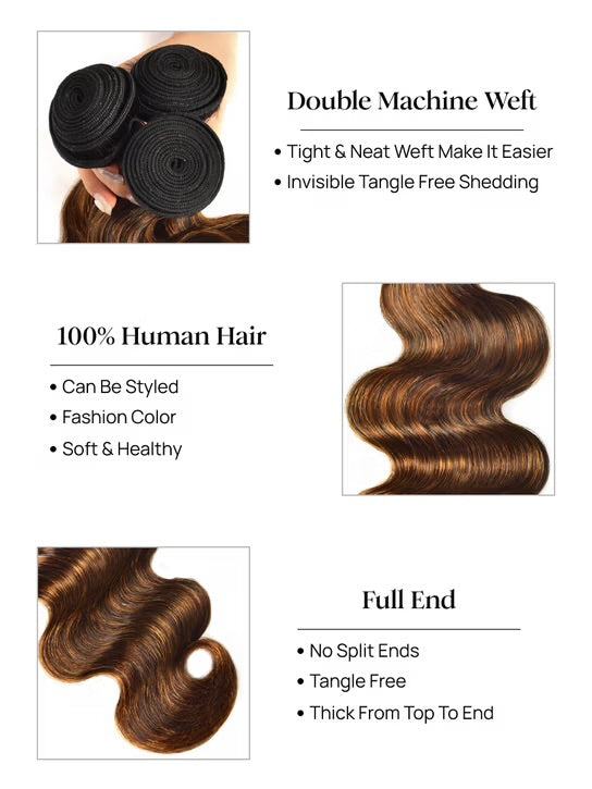 Highlight Colored Brazilian Hair Bundles – 1B/30 Ombre Body Wave, 100% Virgin Human Hair
