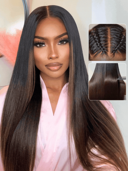 7x5 Chestnut Brown Ombre Yaki Straight Human Hair Wig Glueless