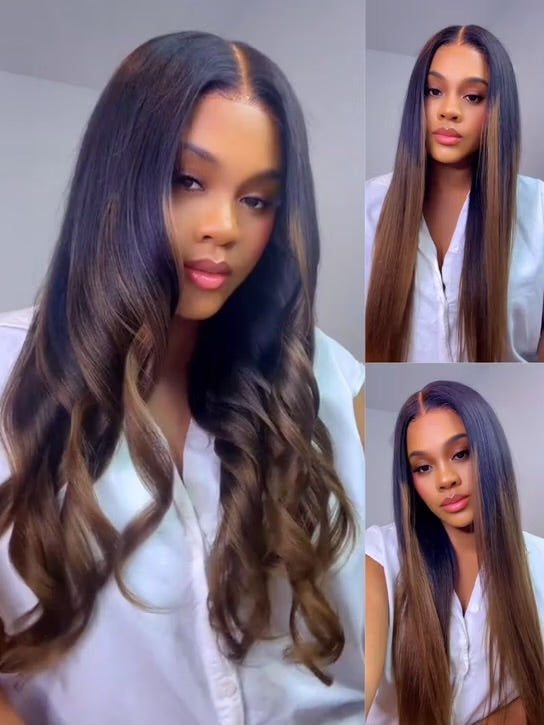 7x5 Chestnut Brown Ombre Yaki Straight Human Hair Wig Glueless