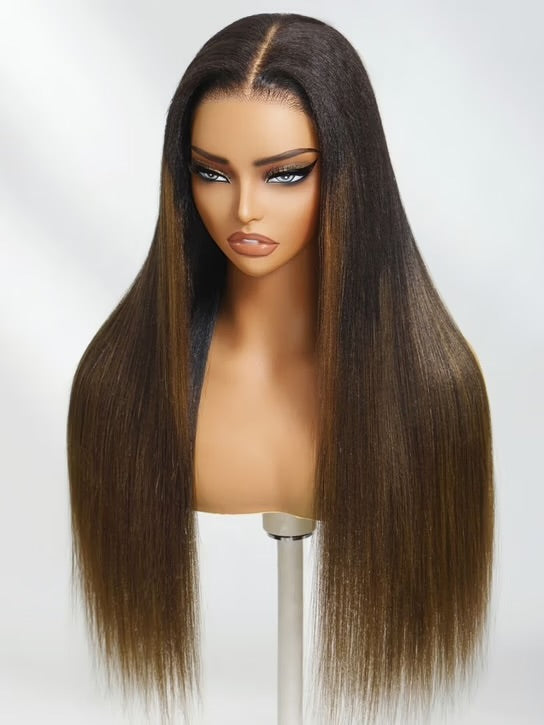 7x5 Chestnut Brown Ombre Yaki Straight Human Hair Wig Glueless