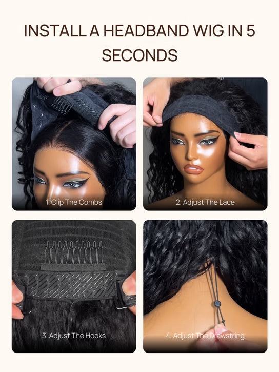 Water Wave Headband Wig – 100% Virgin Human Hair, Glueless & Beginner-Friendly