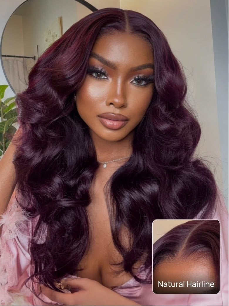 7x5 & 13x4 Burgundy Plum Straight Lace Frontal Wig Pre-Plucked, Pre-Bleached Invisible Knots, Layered Cut, Glueless