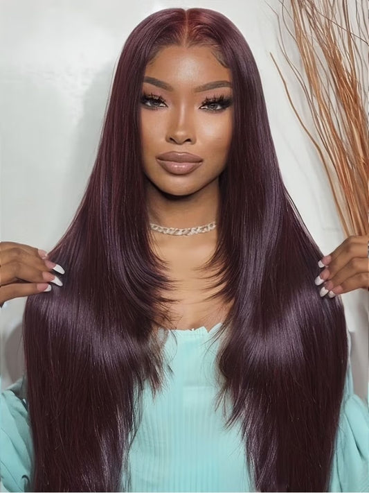 7x5 & 13x4 Burgundy Plum Straight Lace Frontal Wig Pre-Plucked, Pre-Bleached Invisible Knots, Layered Cut, Glueless