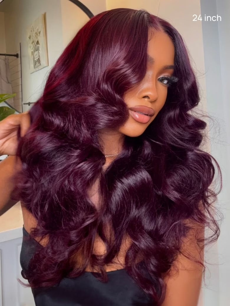 7x5 & 13x4 Burgundy Plum Straight Lace Frontal Wig Pre-Plucked, Pre-Bleached Invisible Knots, Layered Cut, Glueless