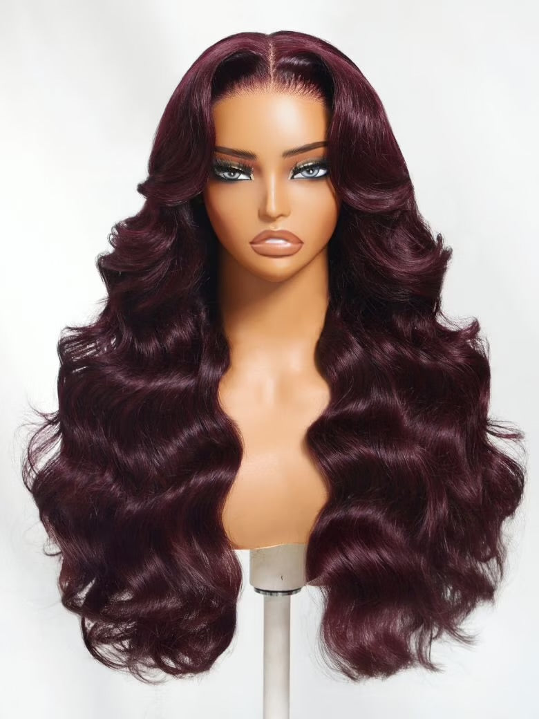 7x5 & 13x4 Burgundy Plum Straight Lace Frontal Wig Pre-Plucked, Pre-Bleached Invisible Knots, Layered Cut, Glueless