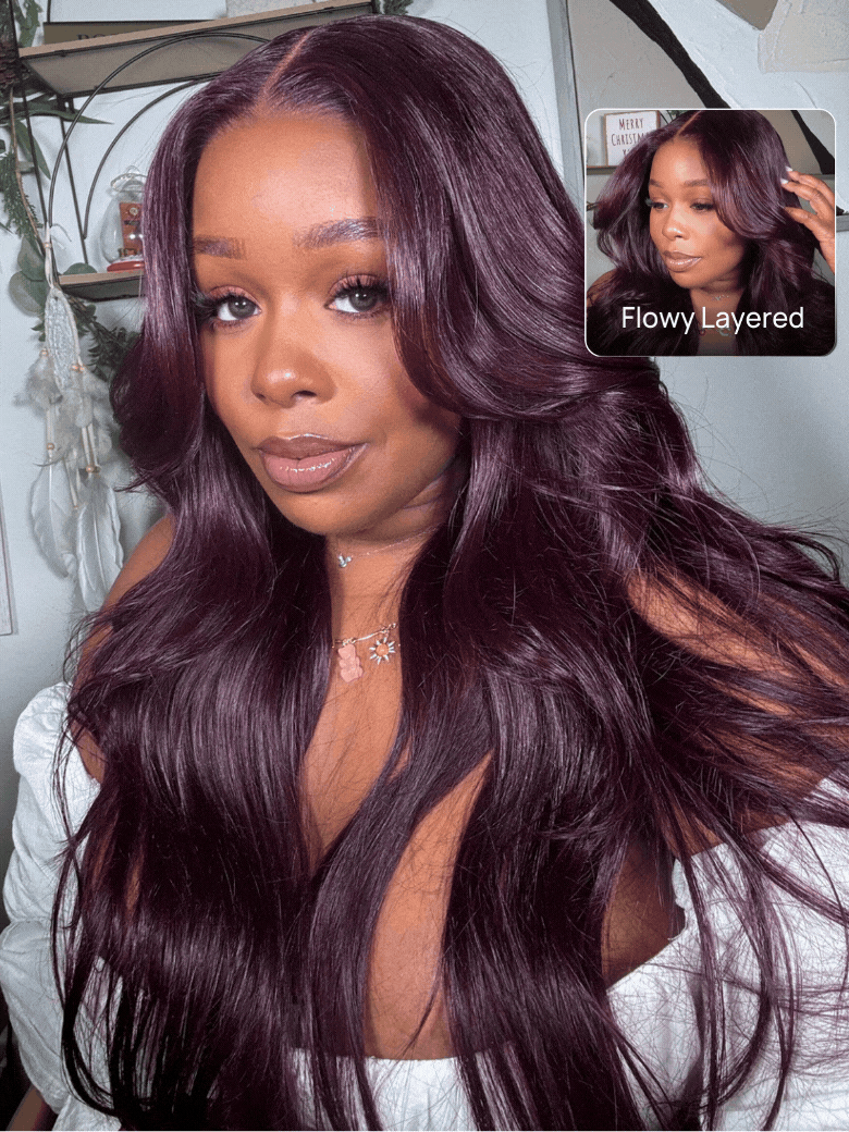 7x5 & 13x4 Burgundy Plum Straight Lace Frontal Wig Pre-Plucked, Pre-Bleached Invisible Knots, Layered Cut, Glueless