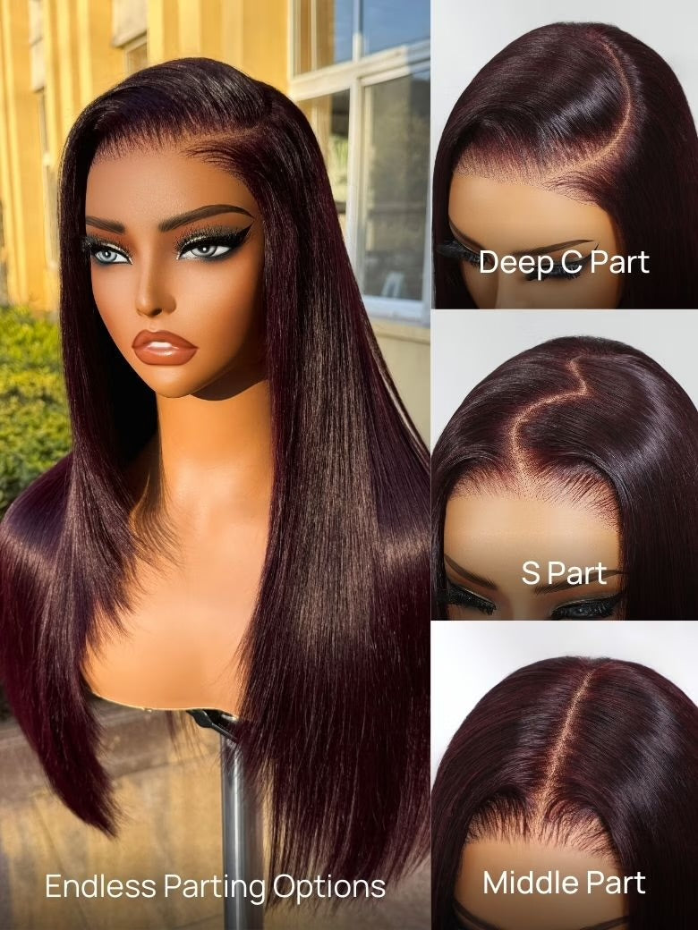 7x5 & 13x4 Burgundy Plum Straight Lace Frontal Wig Pre-Plucked, Pre-Bleached Invisible Knots, Layered Cut, Glueless
