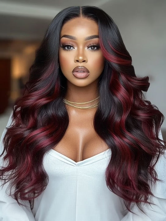 7x5 Bye Bye Knots Loose Wave Wig – Burgundy Highlight HD Lace Closure, 150% Density, Glueless