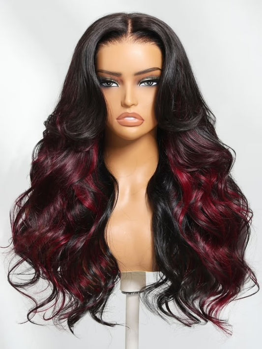 7x5 Bye Bye Knots Loose Wave Wig – Burgundy Highlight HD Lace Closure, 150% Density, Glueless