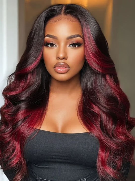 7x5 Bye Bye Knots Loose Wave Wig – Burgundy Highlight HD Lace Closure, 150% Density, Glueless