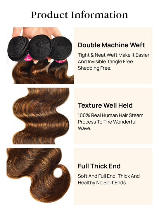 Highlight Colored Brazilian Hair Bundles – 1B/30 Ombre Body Wave, 100% Virgin Human Hair
