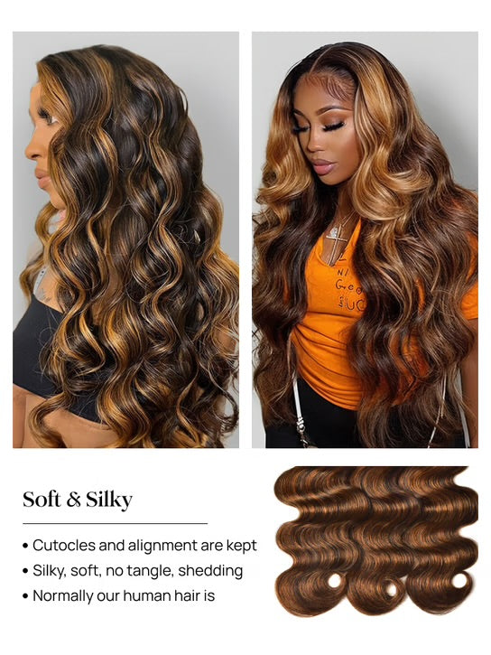 Highlight Colored Brazilian Hair Bundles – 1B/30 Ombre Body Wave, 100% Virgin Human Hair