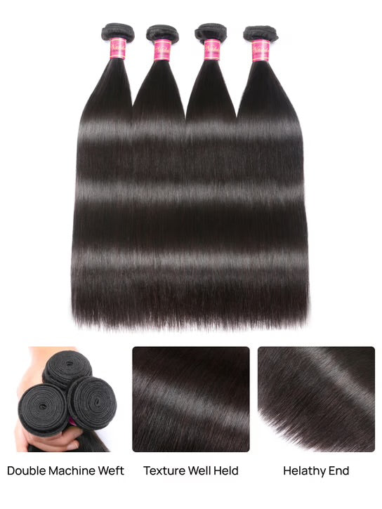 Brazilian Hair Bundles – 4 Pcs Soft Virgin Straight Hair Weave, 8–30 Inches