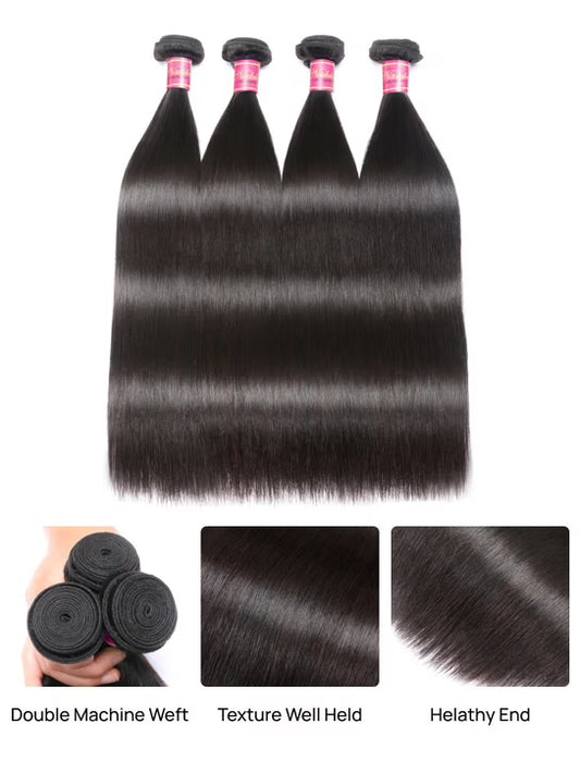 Brazilian Hair Bundles – 4 Pcs Soft Virgin Straight Hair Weave, 8–30 Inches